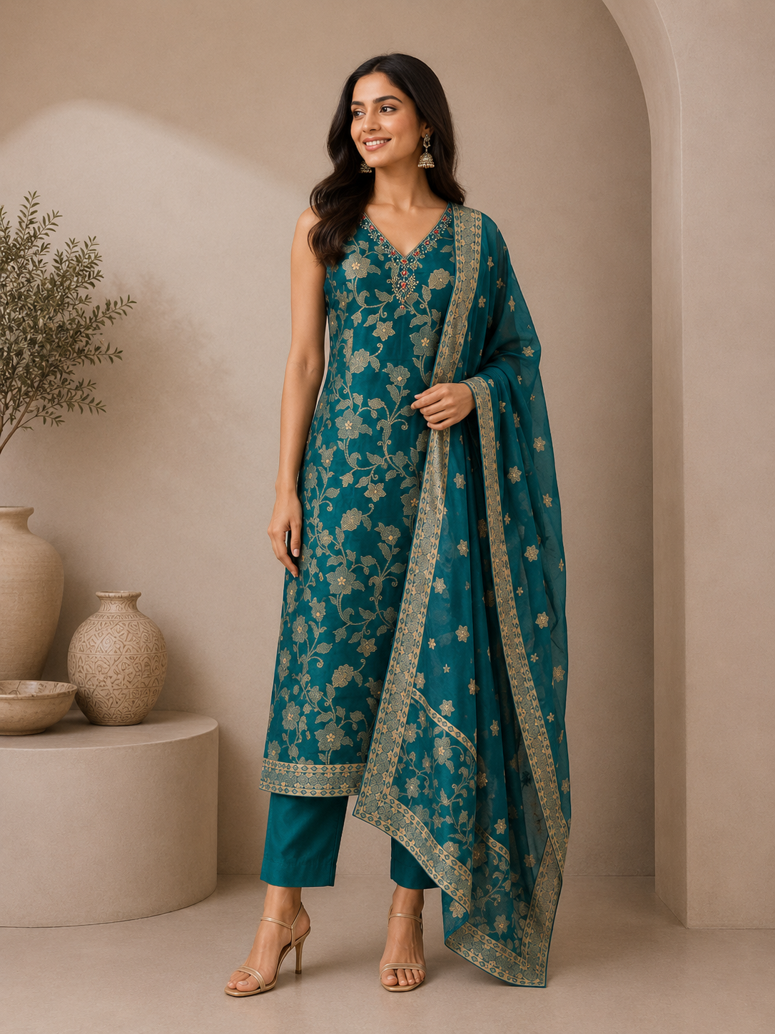 Teal Green Silk Embroidered Suit Set with Floral Dupatta